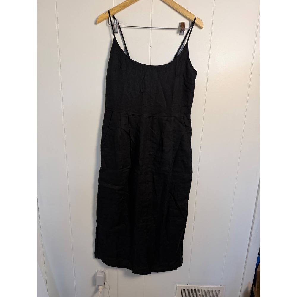 Quince Linen Midi Dress M Black Smocked Back Pockets Adjustable Straps NWT